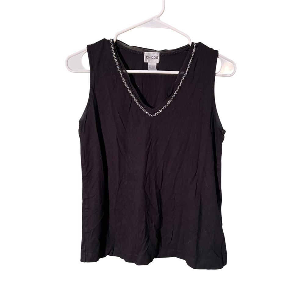 Chico's Women's Size 0 (Small/4) Sleeveless Blouse V-Neck Beaded Zig Zag Black